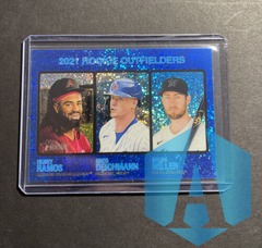 2022 Topps Heritage 2021 Rookie Outfielders Blue Sparkle #71 Ramos, Deichmann, Miller